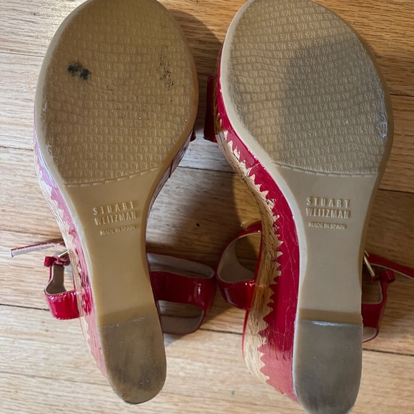 Stuart Weitzman Red Flame Painted Patent Cork Wedge Heel - Picture 16 of 17
